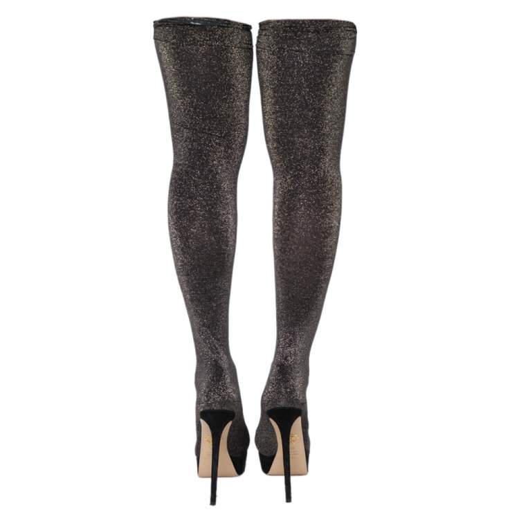 Pre Owned Charlotte Olympia Black Shimmer Jersey More Is More Thigh High Platform Boots Size 40.5