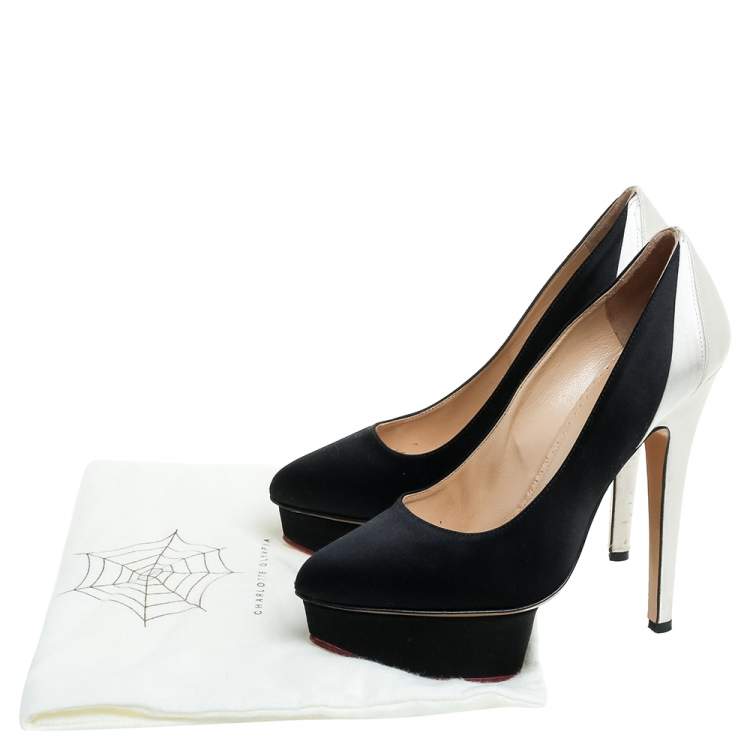 Pre Owned Charlotte Olympia Black/White Satin Platform Pumps Size 35