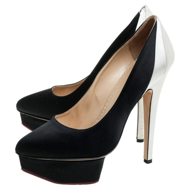 Pre Owned Charlotte Olympia Black/White Satin Platform Pumps Size 35