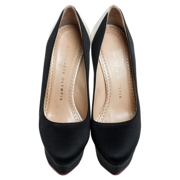 Pre Owned Charlotte Olympia Black/White Satin Platform Pumps Size 35