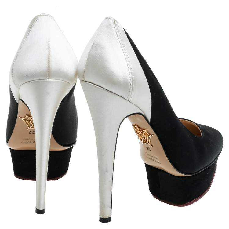 Pre Owned Charlotte Olympia Black/White Satin Platform Pumps Size 35
