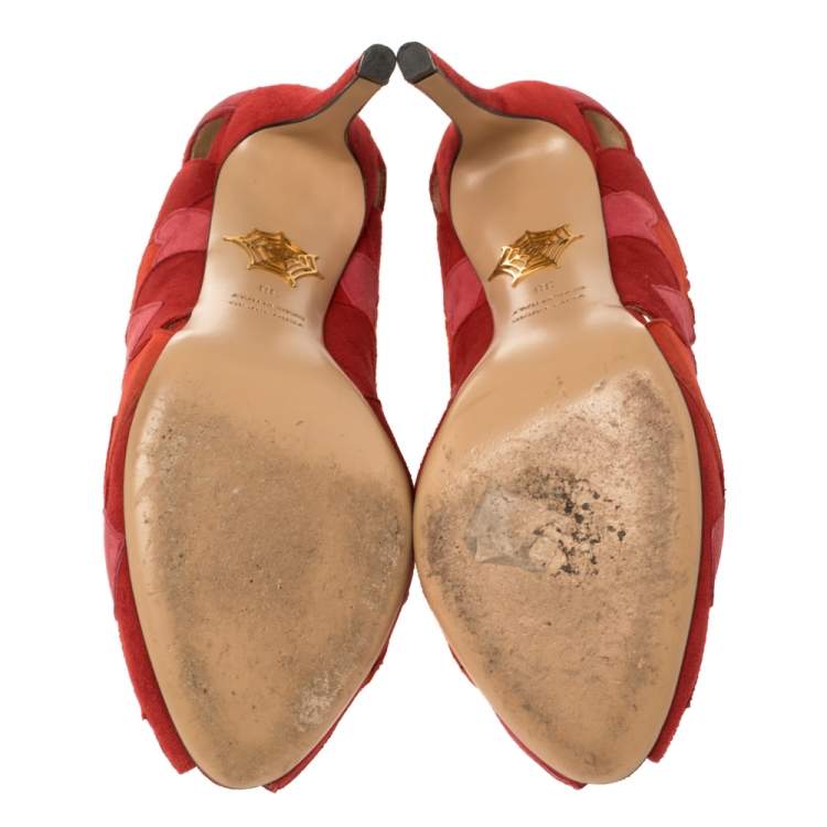 Pre Owned Charlotte Olympia Red/Pink Suede Love Me Heart-Appliquéd Pumps Size 38
