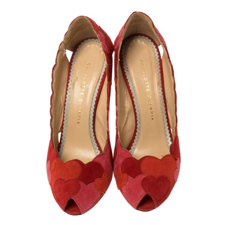 Pre Owned Charlotte Olympia Red/Pink Suede Love Me Heart-Appliquéd Pumps Size 38