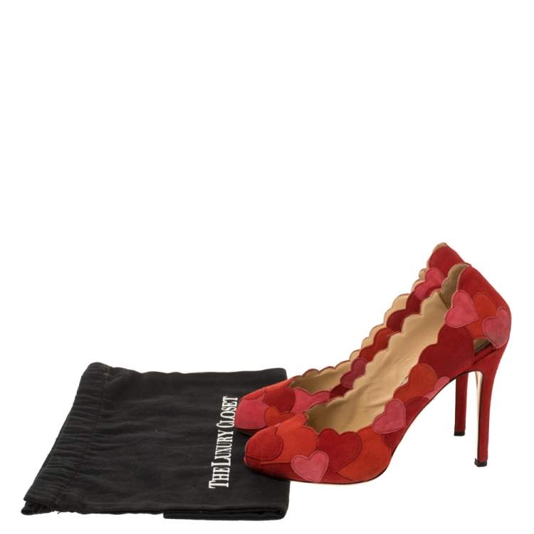 Pre Owned Charlotte Olympia Red/Pink Suede Love Me Heart-Appliquéd Pumps Size 38