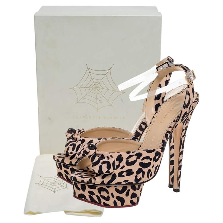 Pre Owned Charlotte Olympia Beige Leopard Print Satin Serena Bow Ankle Strap Platform Sandals Size 38.5