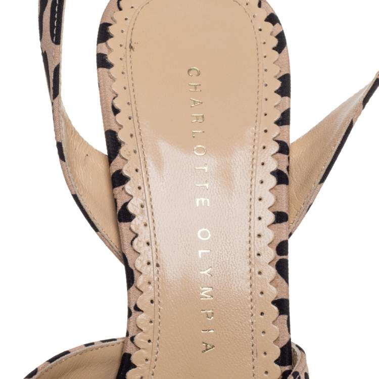 Pre Owned Charlotte Olympia Beige Leopard Print Satin Serena Bow Ankle Strap Platform Sandals Size 38.5