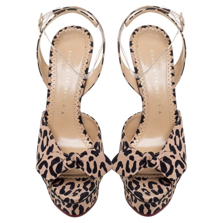 Pre Owned Charlotte Olympia Beige Leopard Print Satin Serena Bow Ankle Strap Platform Sandals Size 38.5
