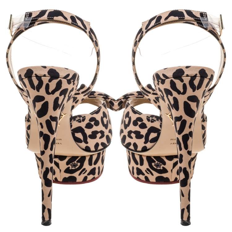 Pre Owned Charlotte Olympia Beige Leopard Print Satin Serena Bow Ankle Strap Platform Sandals Size 38.5