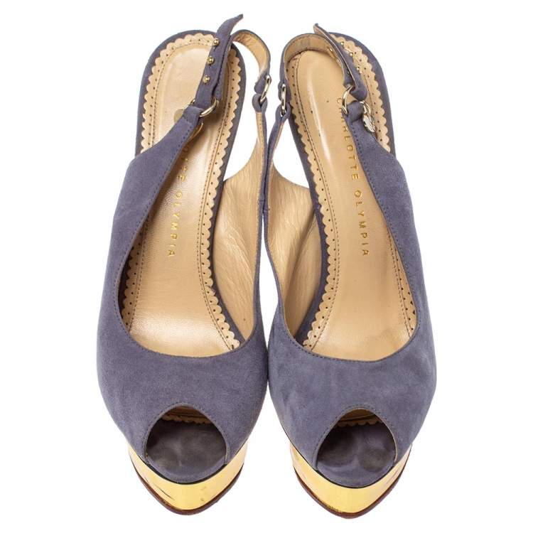 Pre Owned Charlotte Olympia Lilac Suede Slingback Peep Toe Platform Sandals Size 38