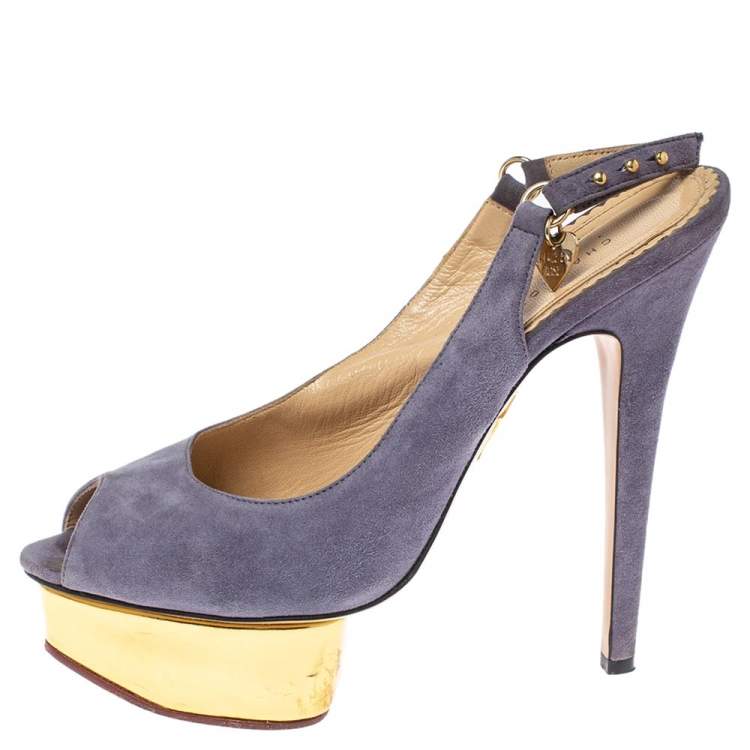 Pre Owned Charlotte Olympia Lilac Suede Slingback Peep Toe Platform Sandals Size 38