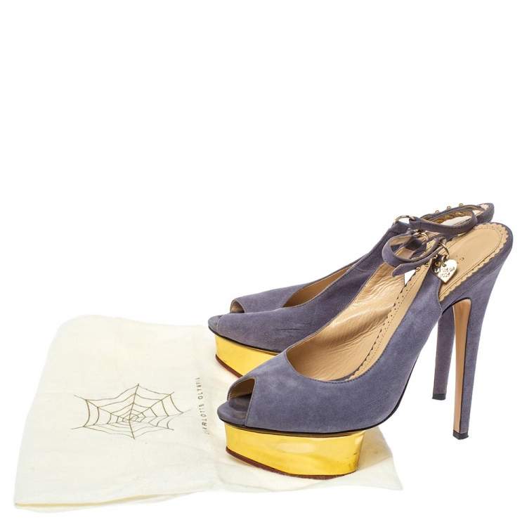 Pre Owned Charlotte Olympia Lilac Suede Slingback Peep Toe Platform Sandals Size 38