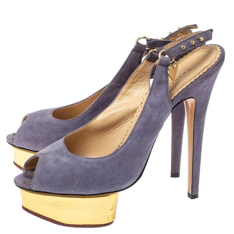 Pre Owned Charlotte Olympia Lilac Suede Slingback Peep Toe Platform Sandals Size 38