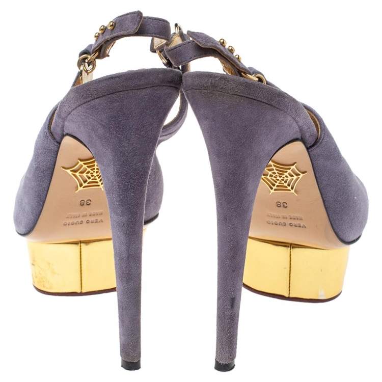 Pre Owned Charlotte Olympia Lilac Suede Slingback Peep Toe Platform Sandals Size 38