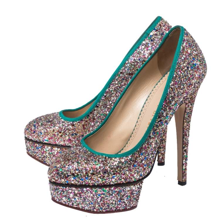 Pre Owned Charlotte Olympia Multicolor Glitter Priscilla Platform Pumps Size 38