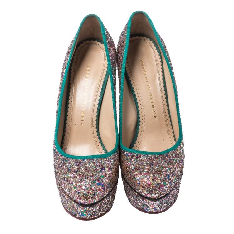 Pre Owned Charlotte Olympia Multicolor Glitter Priscilla Platform Pumps Size 38