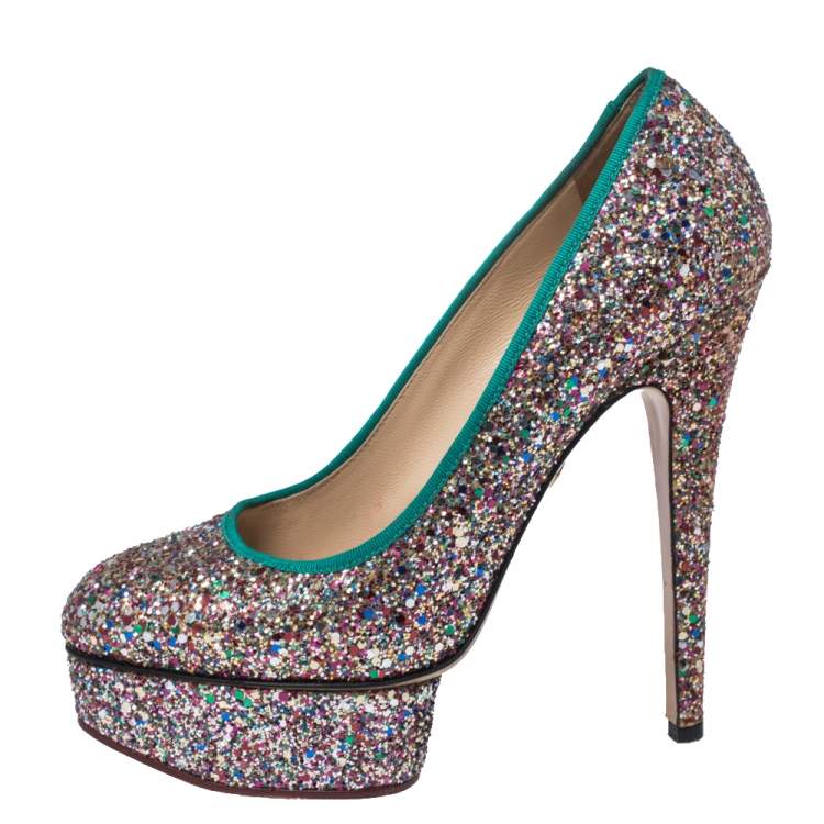 Pre Owned Charlotte Olympia Multicolor Glitter Priscilla Platform Pumps Size 38