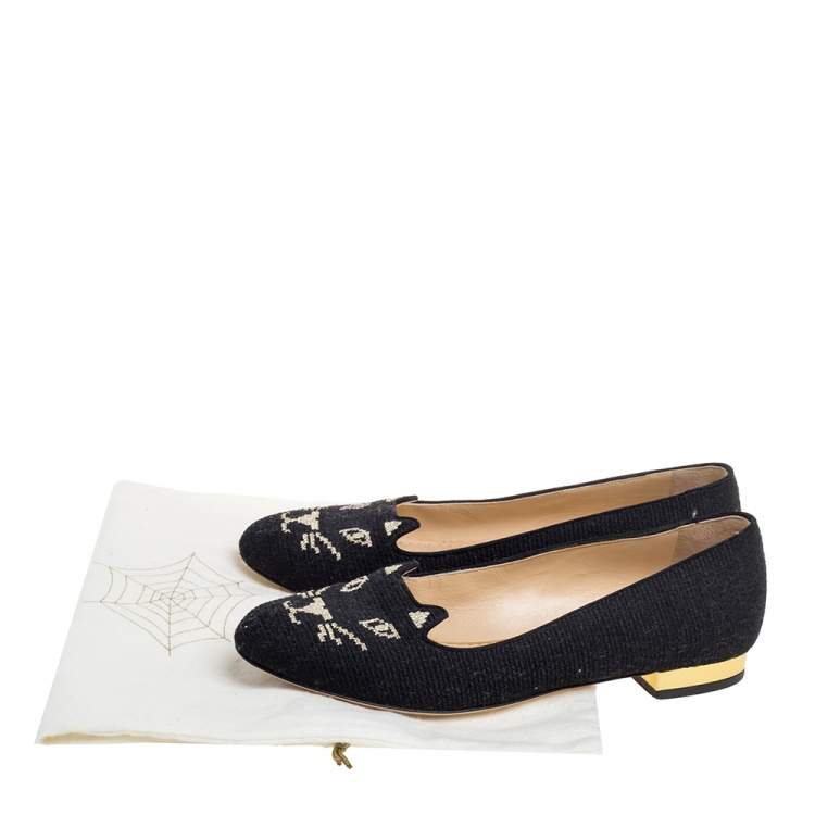 مملوكة مسبقًا Charlotte Olympia Black Canvas Kitty Ballet Flats Size 36.5