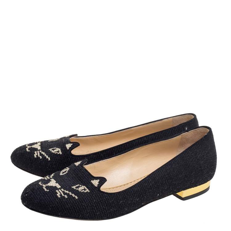 مملوكة مسبقًا Charlotte Olympia Black Canvas Kitty Ballet Flats Size 36.5