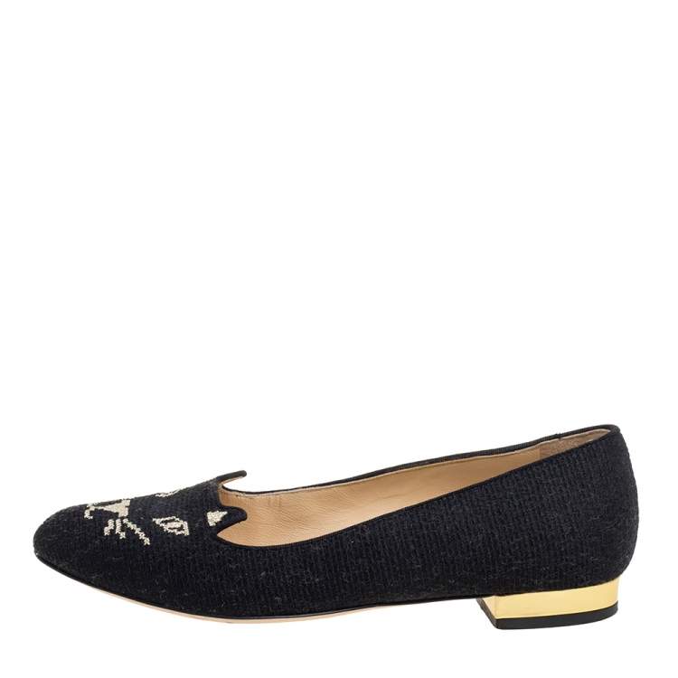 مملوكة مسبقًا Charlotte Olympia Black Canvas Kitty Ballet Flats Size 36.5