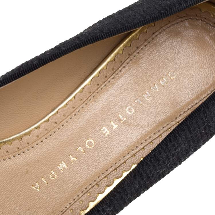 مملوكة مسبقًا Charlotte Olympia Black Canvas Kitty Ballet Flats Size 36.5