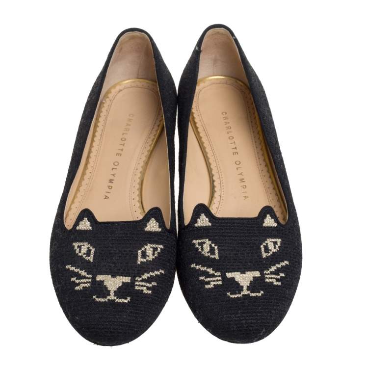 مملوكة مسبقًا Charlotte Olympia Black Canvas Kitty Ballet Flats Size 36.5