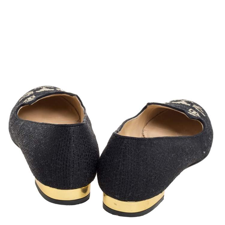مملوكة مسبقًا Charlotte Olympia Black Canvas Kitty Ballet Flats Size 36.5