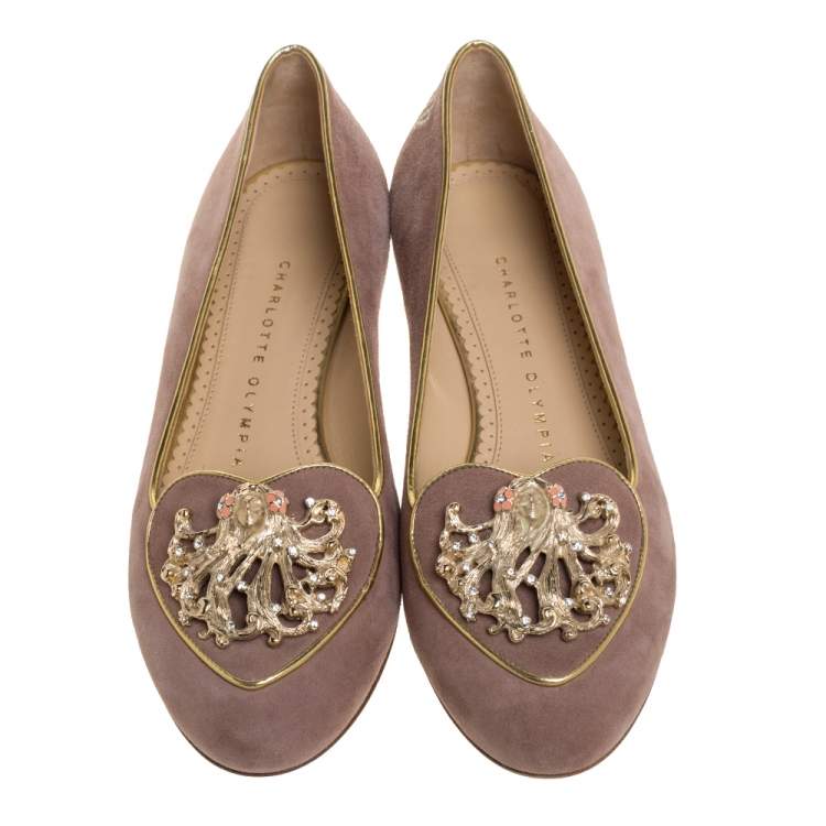 Pre Owned Charlotte Olympia Beige Suede Birthday Zodiac Virgo Ballet Flats Size 36
