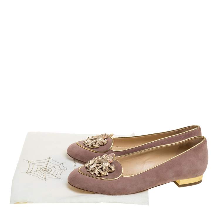 Pre Owned Charlotte Olympia Beige Suede Birthday Zodiac Virgo Ballet Flats Size 36