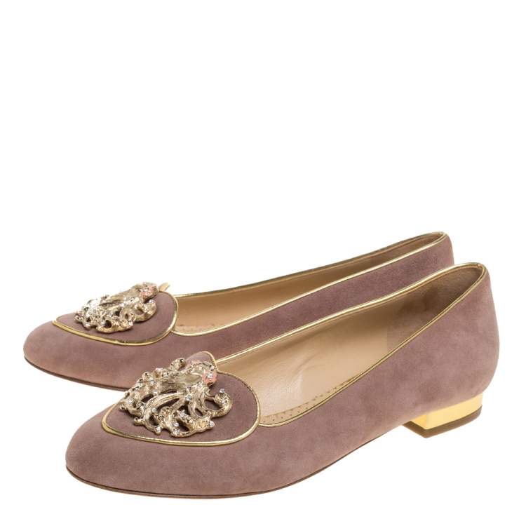 Pre Owned Charlotte Olympia Beige Suede Birthday Zodiac Virgo Ballet Flats Size 36