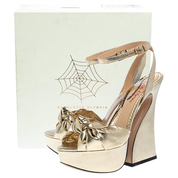 Pre Owned Charlotte Olympia Gold Lame Fabric Vreeland Platform Sandals Size 38