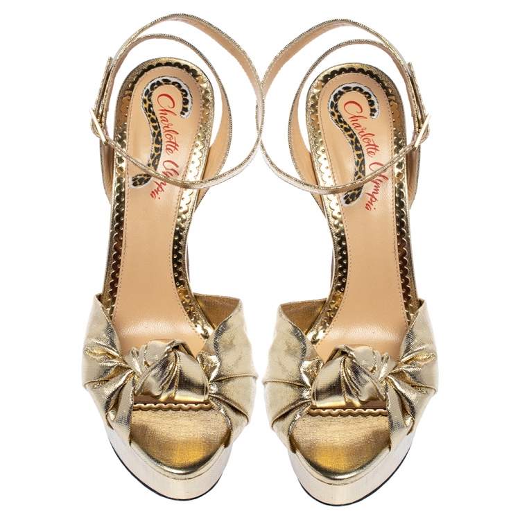 Pre Owned Charlotte Olympia Gold Lame Fabric Vreeland Platform Sandals Size 38