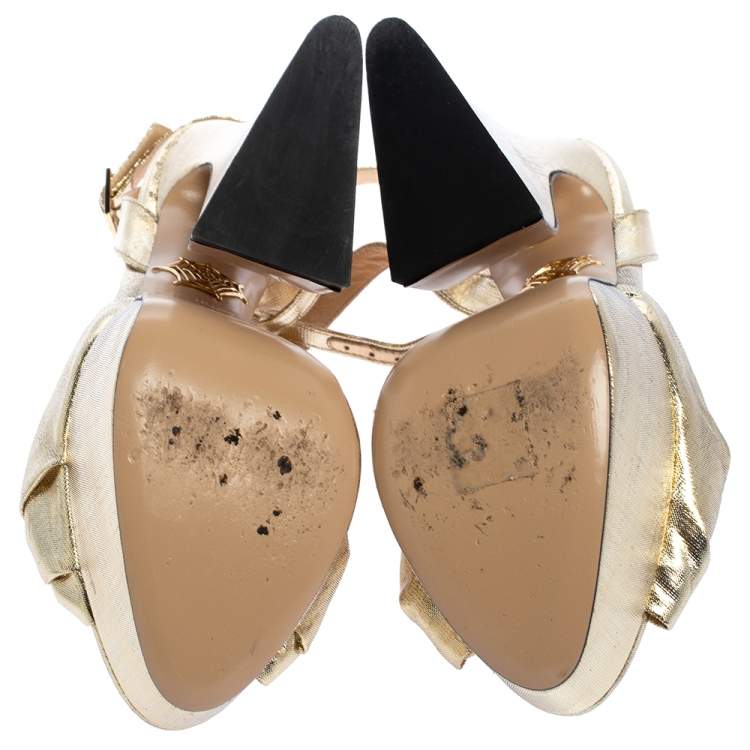 Pre Owned Charlotte Olympia Gold Lame Fabric Vreeland Platform Sandals Size 38