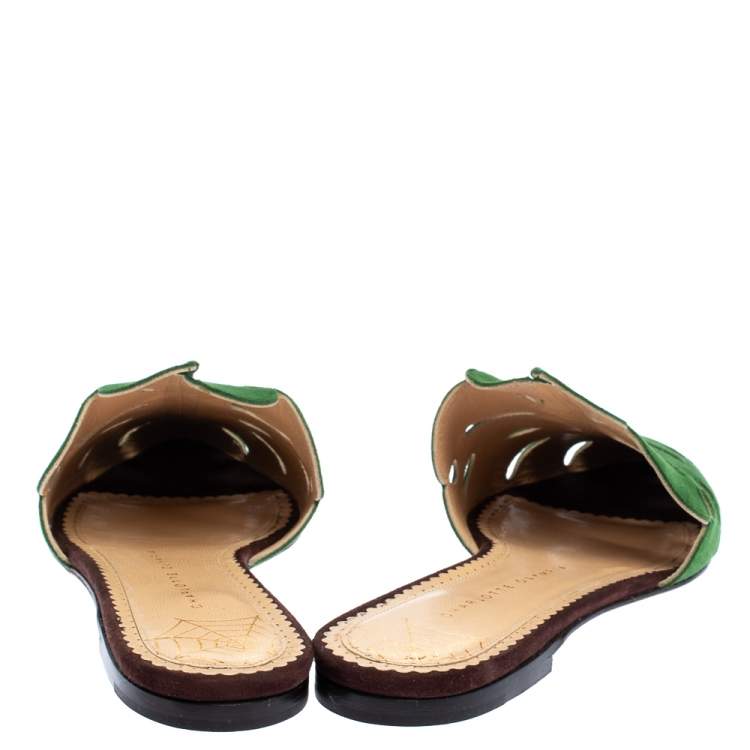 Pre Owned Charlotte Olympia Green Suede Leather Verdant Pointed Toe Flat Mules Size 40