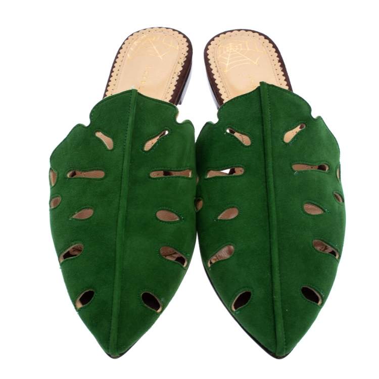 Pre Owned Charlotte Olympia Green Suede Leather Verdant Pointed Toe Flat Mules Size 40