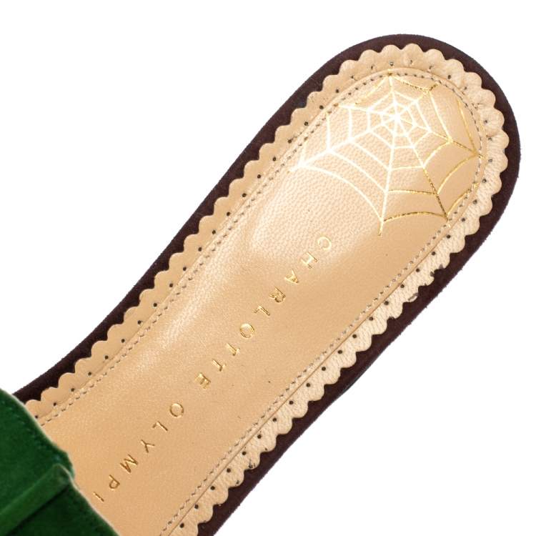 Pre Owned Charlotte Olympia Green Suede Leather Verdant Pointed Toe Flat Mules Size 40