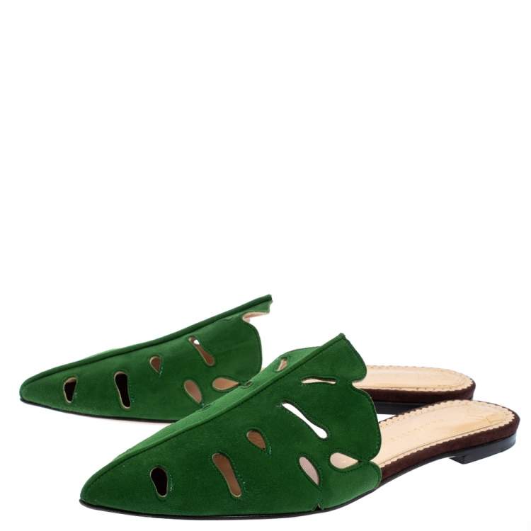 Pre Owned Charlotte Olympia Green Suede Leather Verdant Pointed Toe Flat Mules Size 40