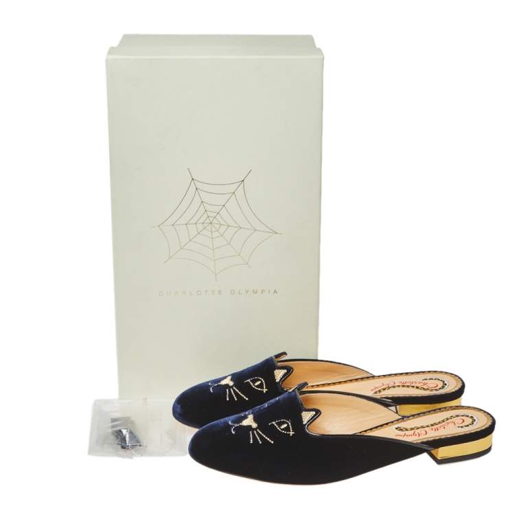 Pre Owned Charlotte Olympia Blue Velvet Kitty Slip On Flat Mules Size 38