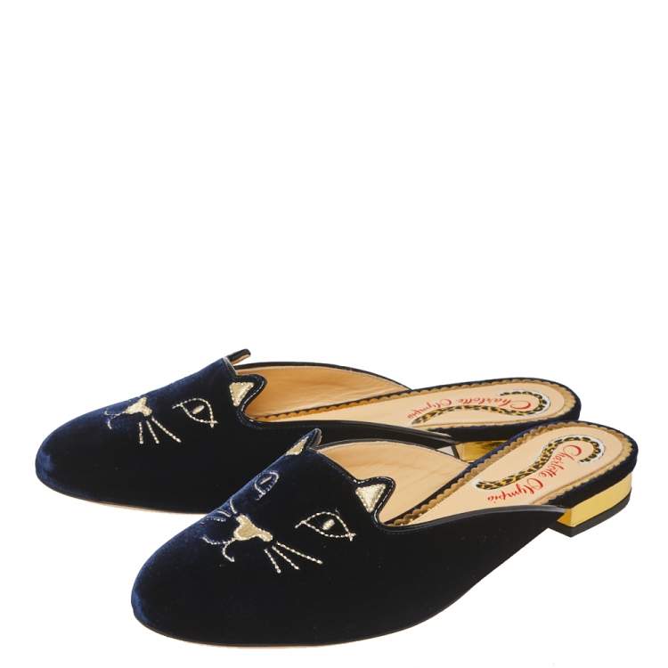 Pre Owned Charlotte Olympia Blue Velvet Kitty Slip On Flat Mules Size 38