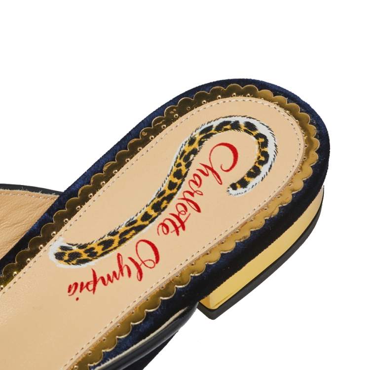 Pre Owned Charlotte Olympia Blue Velvet Kitty Slip On Flat Mules Size 38