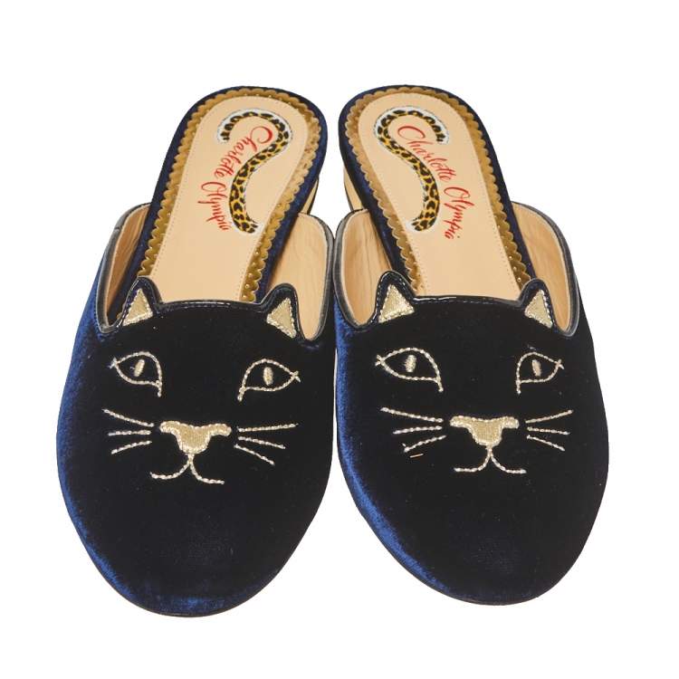 Pre Owned Charlotte Olympia Blue Velvet Kitty Slip On Flat Mules Size 38