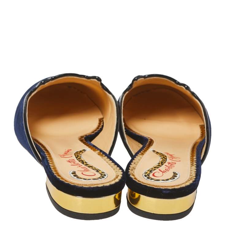Pre Owned Charlotte Olympia Blue Velvet Kitty Slip On Flat Mules Size 38