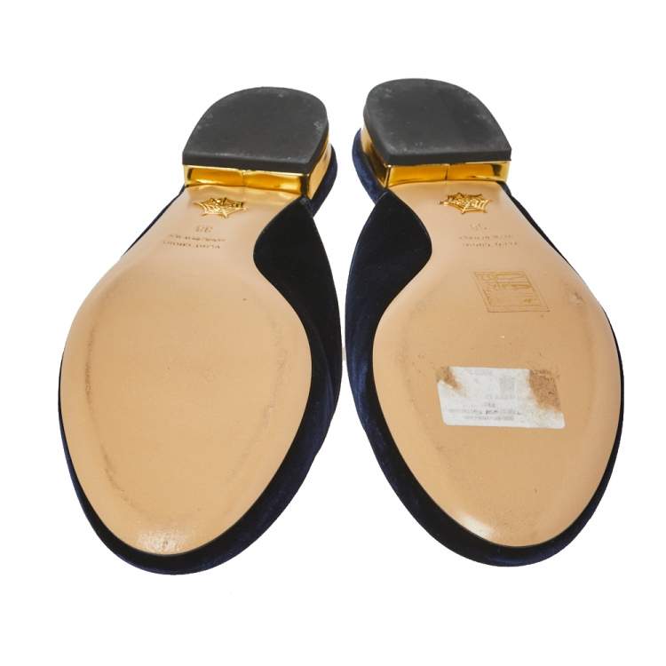 Pre Owned Charlotte Olympia Blue Velvet Kitty Slip On Flat Mules Size 38