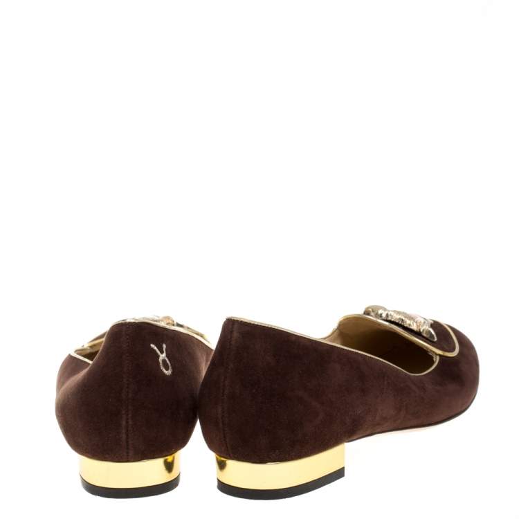 Pre Owned Charlotte Olympia Brown Suede Bull Smoking Slippers Size 40