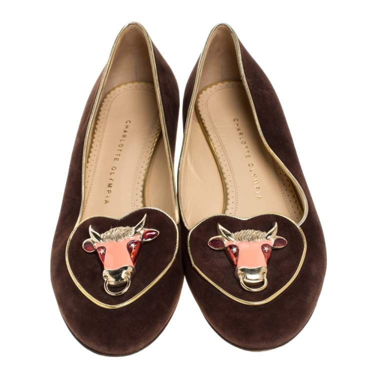 Pre Owned Charlotte Olympia Brown Suede Bull Smoking Slippers Size 40
