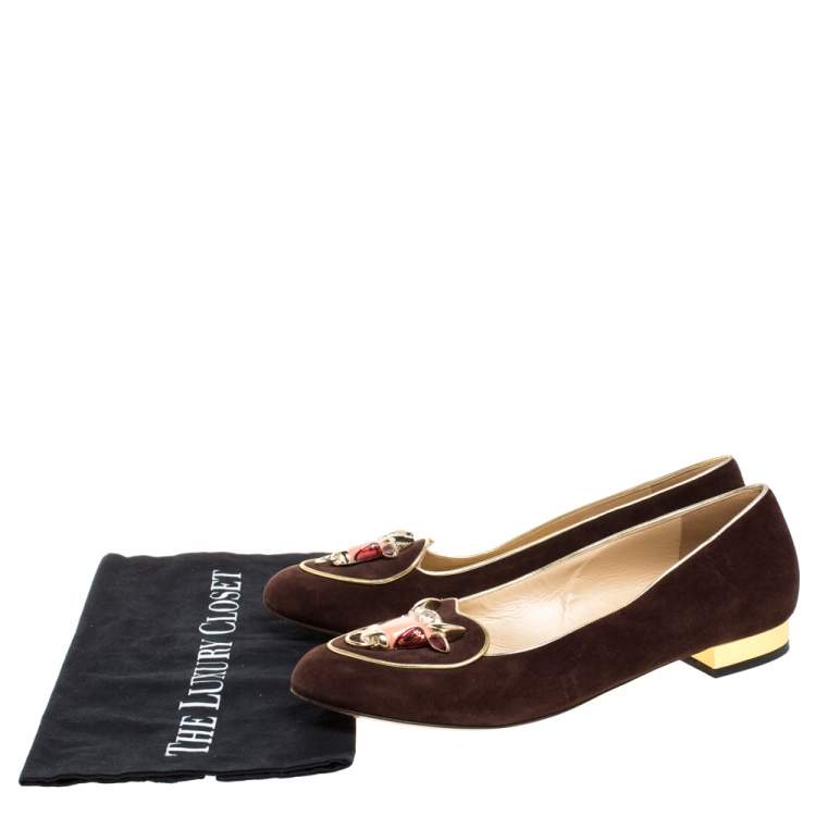 Pre Owned Charlotte Olympia Brown Suede Bull Smoking Slippers Size 40