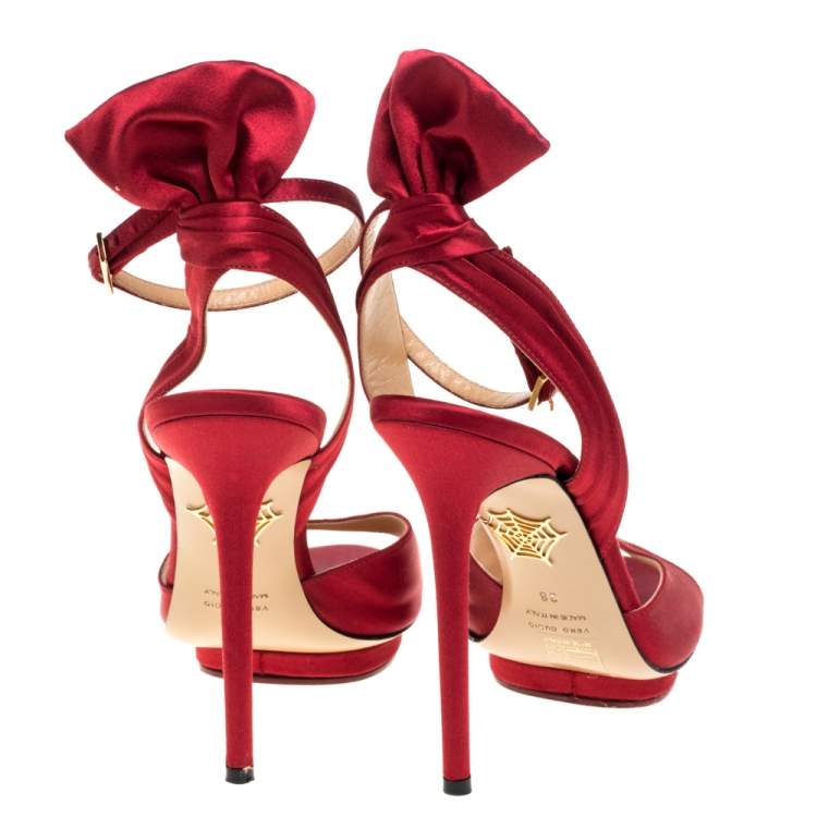 Pre Owned Charlotte Olympia Red Satin Wallace Ankle Strap Sandals Size 38