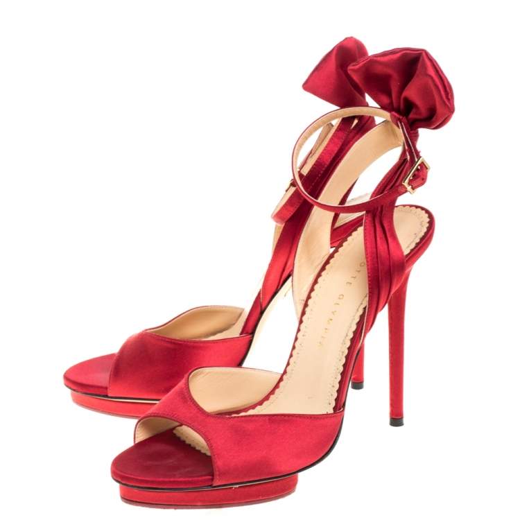 Pre Owned Charlotte Olympia Red Satin Wallace Ankle Strap Sandals Size 38
