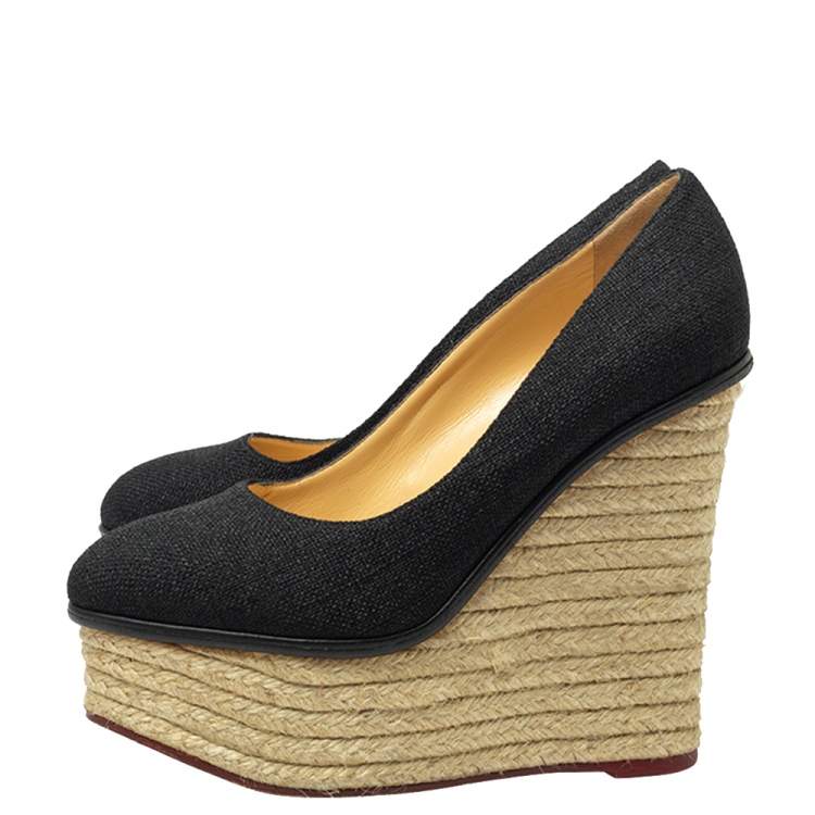 Pre Owned Charlotte Olympia Black Raffia Carmen Wedge Espadrilles Pumps Size 37.5
