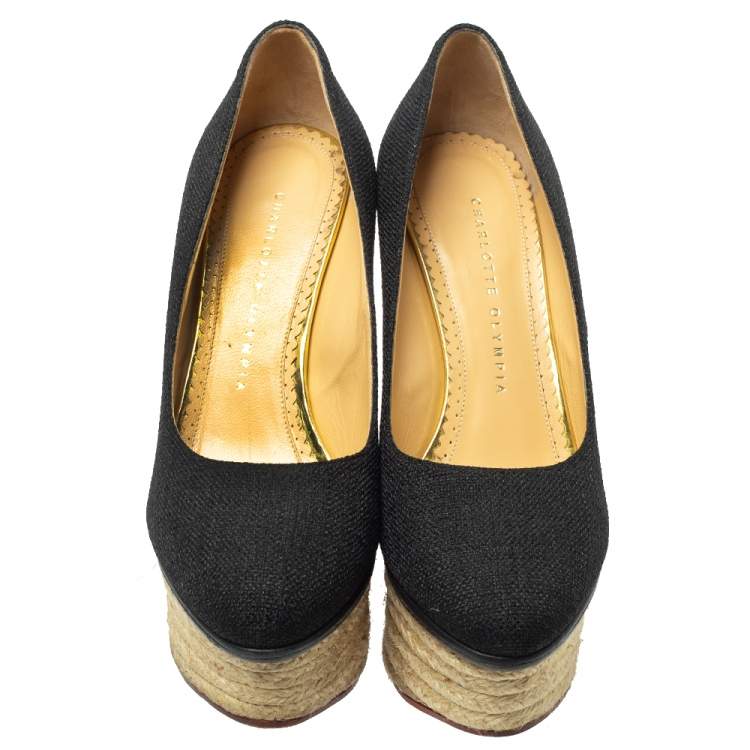 Pre Owned Charlotte Olympia Black Raffia Carmen Wedge Espadrilles Pumps Size 37.5