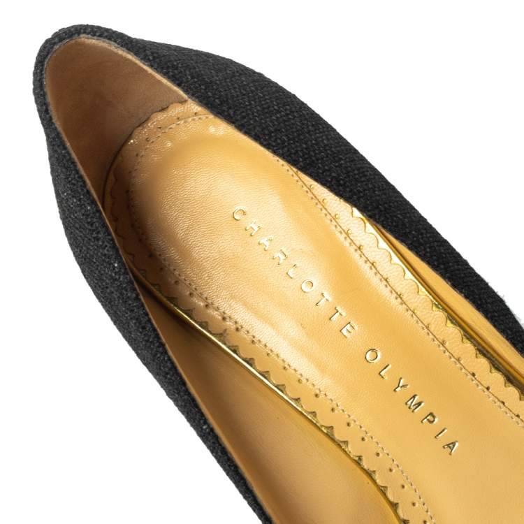 Pre Owned Charlotte Olympia Black Raffia Carmen Wedge Espadrilles Pumps Size 37.5